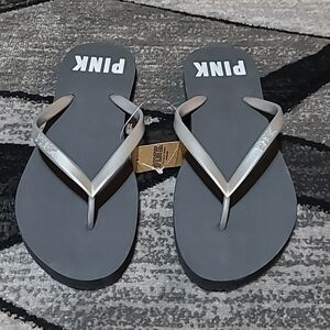 VS PINK BLACK SILVER LOGO FLIP FLOPS SANDALS